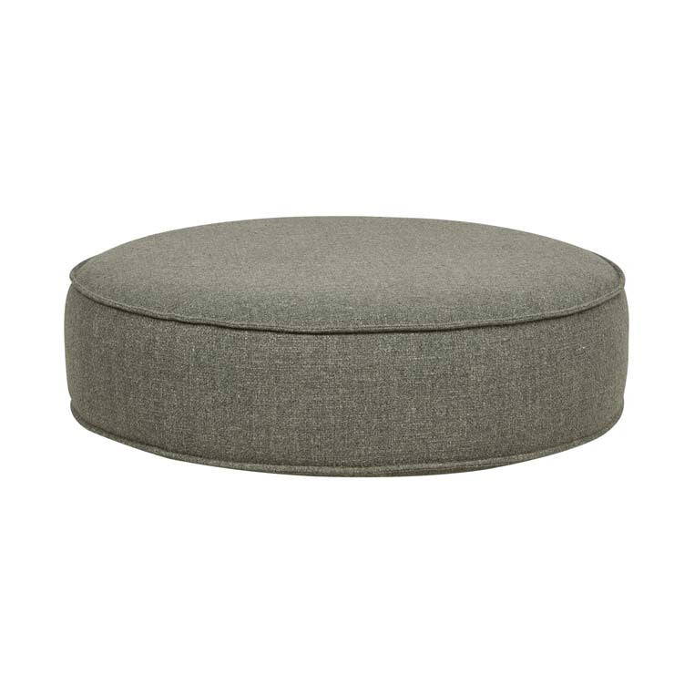Orlando Seamed Round Ottoman Sea Moss by GlobeWest - An image of a low, circular ottoman with a seam detailing in moss green.