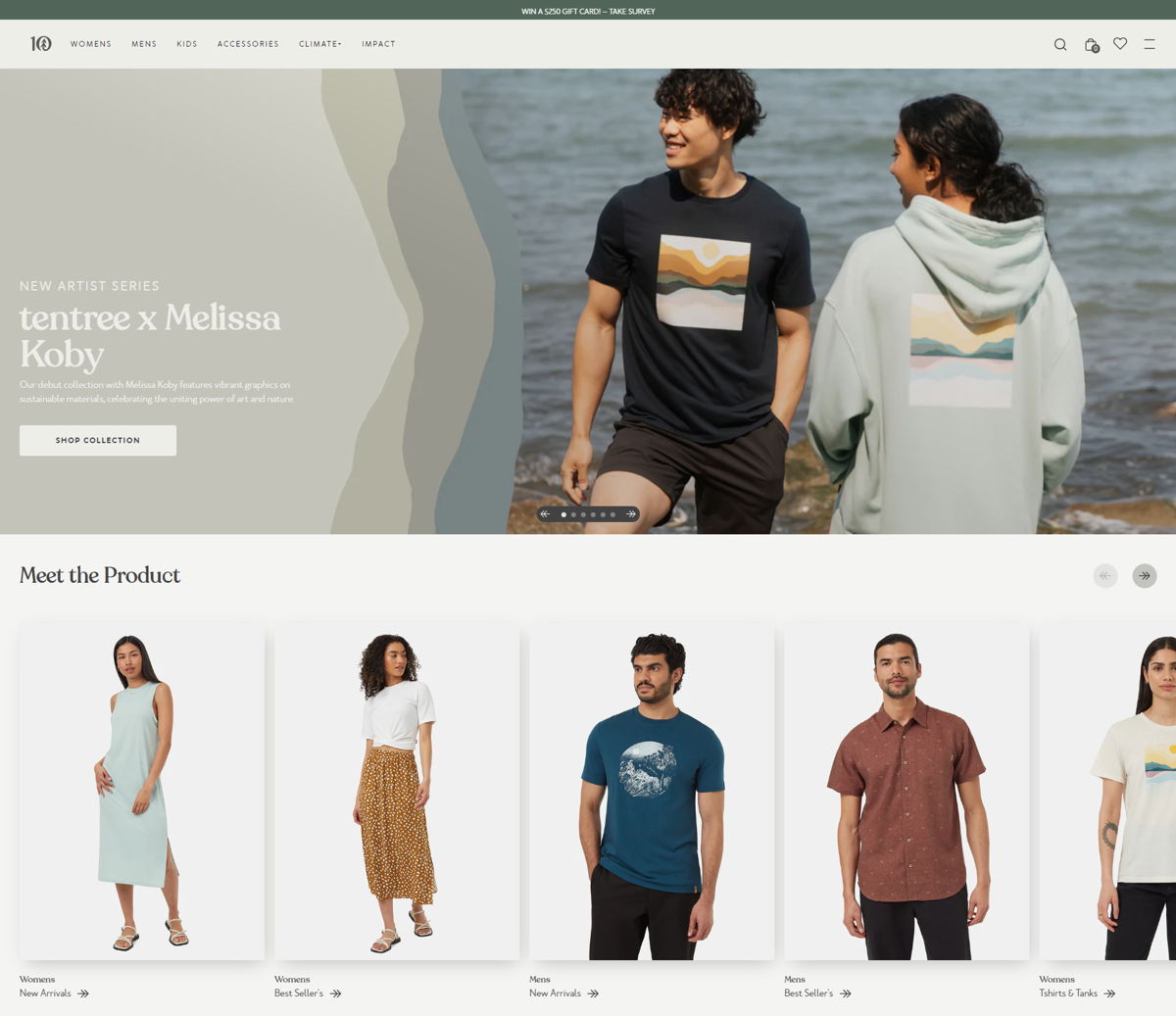 Screenshot of Tentree, from the shopify clothing stores collection.