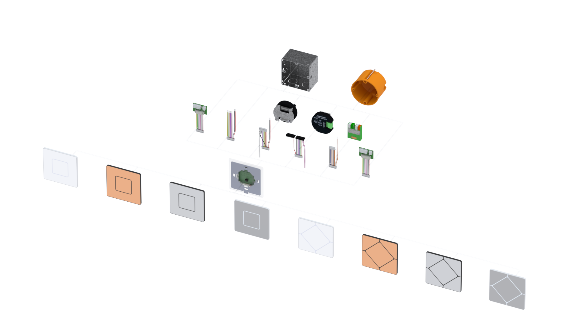 The complete Faradite TAP volt free product range with back boxes fly leads coupler and front plates. 