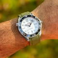 Omega Seamaster white dial watch on khaki rubber strap wearing and with the light of the sun- THE BEST EVERYDAY WATCHES FROM OMEGA