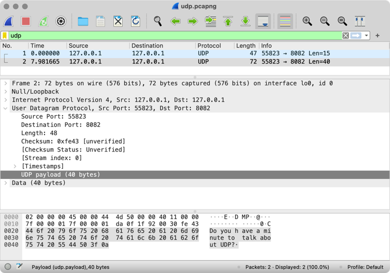 Both UDP datagrams are intercepted by Wireshark