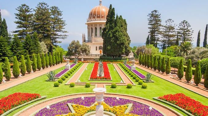 View on beautiful Bahai garden with Shrine of Bab. Haifa, Israel.
