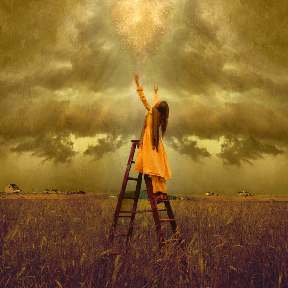 A young girl standing on a ladder in a field reaching up toward the sky.