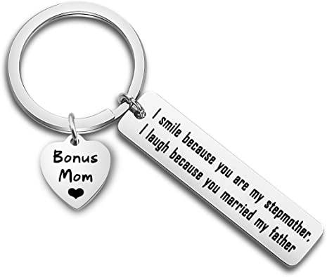 Stainless Steel Keychain for Bonus Mom with the Quote Hand Stamped “I Smile Because You Are My Stepmother I Laugh Because You Married My Father”