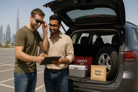 Two men review clipboard documents by an open SUV trunk holding a spare tire and safety kit, set against the Dubai cityscape.