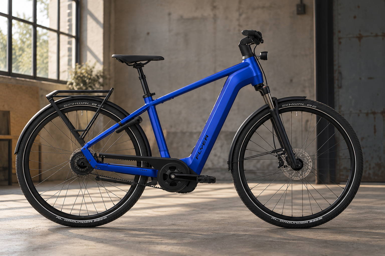 Blauwe FLYER e-bike in moderne industriële loods, met middenmotor, riemaandrijving, vering en bagagedrager.