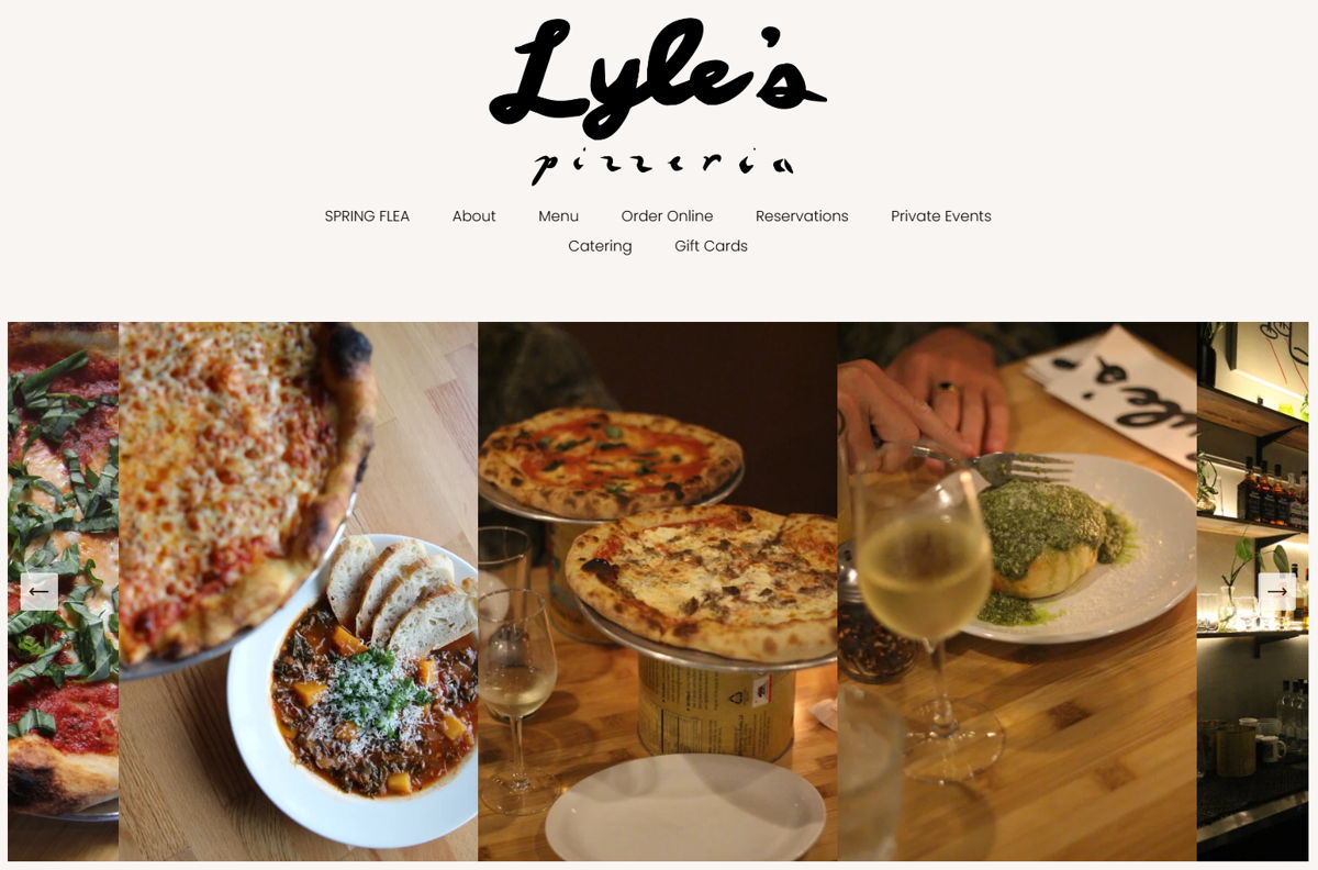 Screenshot of Lyle's Pizzeria, from the pizza place websites collection.