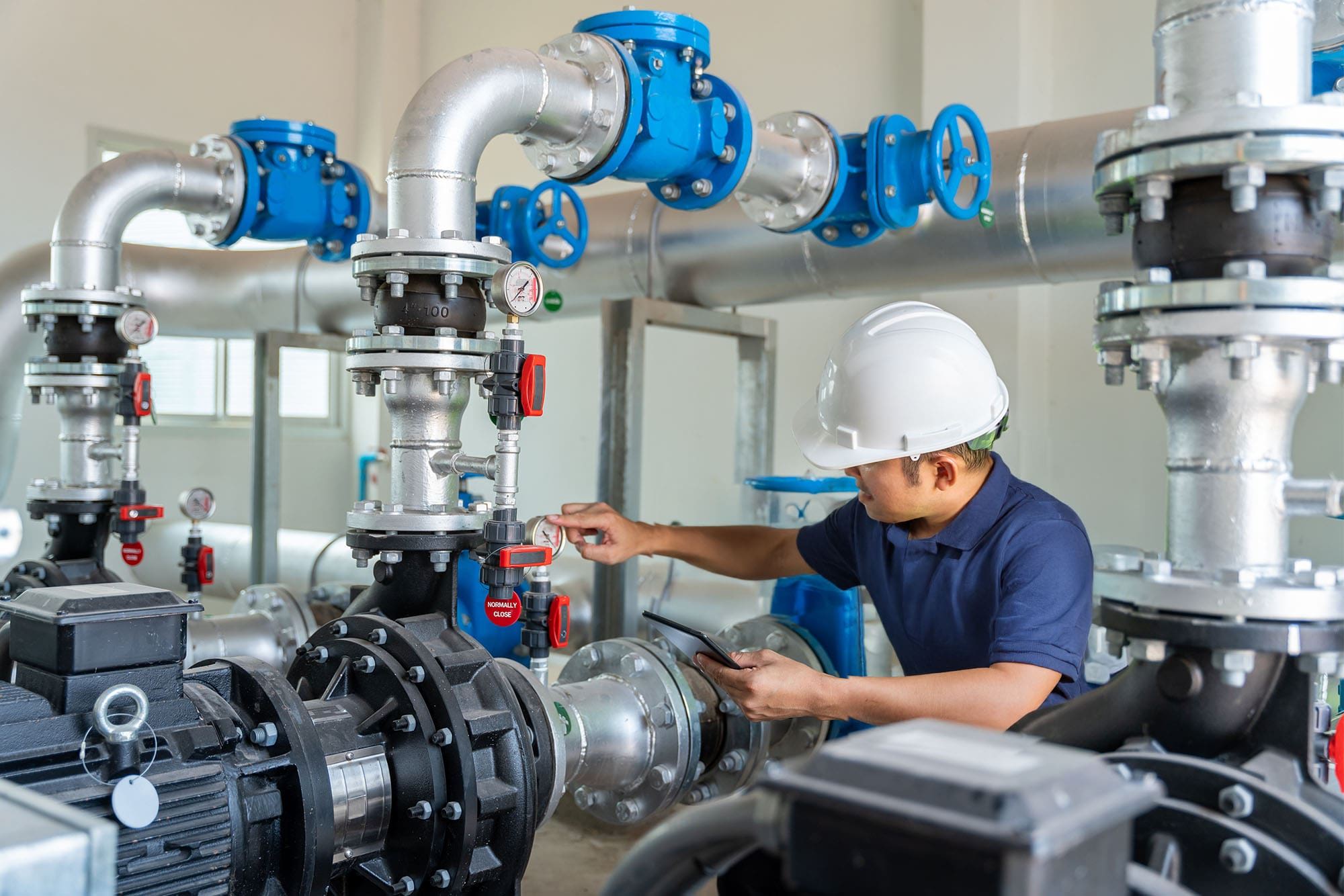 A worker in a hard hat inspects and adjusts gauges on large industrial pipes and machinery inside a facility, holding a digital tablet while surrounded by blue valves and metal equipment.