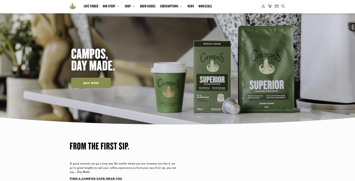 Screenshot of Campos Coffee, from the cafe & coffee shop websites collection.