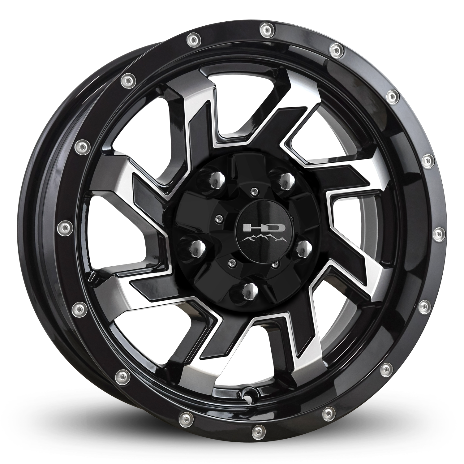 HD Off-Road SAW Custom Trailer Wheels in 15x6.0 in 5 lug Gloss Black Machined Face for Unility, Boat, Car, Construction, Horse, & RV