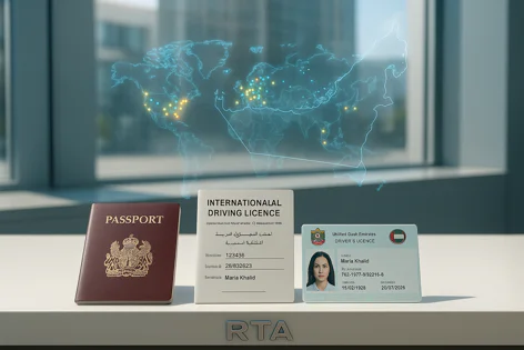 Passport, International Driving Licence, and UAE Driver's Licence displayed on a table with a digital world map behind, symbolizing global travel and driving.
