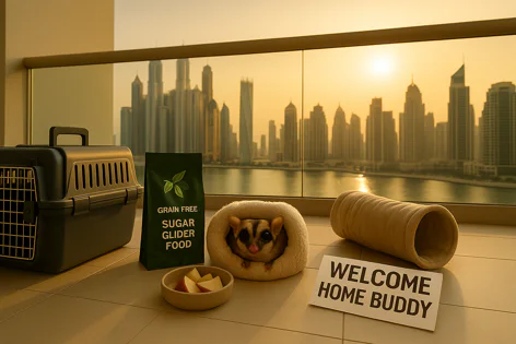 Cute sugar glider in a fuzzy bed with food, carrier, and toys on a balcony overlooking a golden city skyline at sunset.