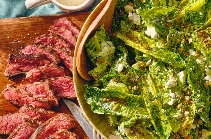Grilled Flap Steak with Crunchy Green Salad and Creamy Feta Dressing
