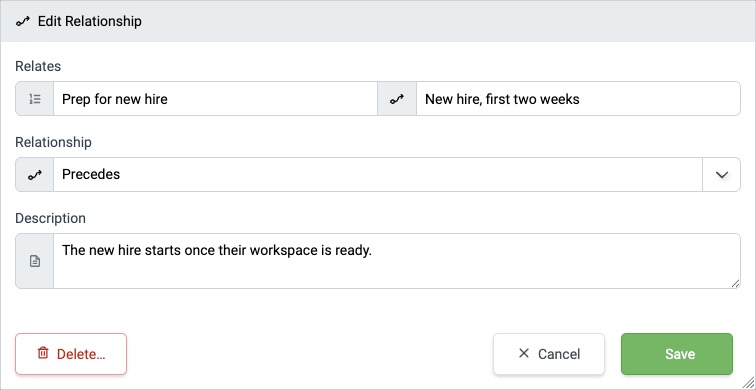 Edit Relationship dialog for a Precedes relationship