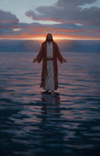 Jesus walking on water toward the viewer, and orange sunset on the horizon.