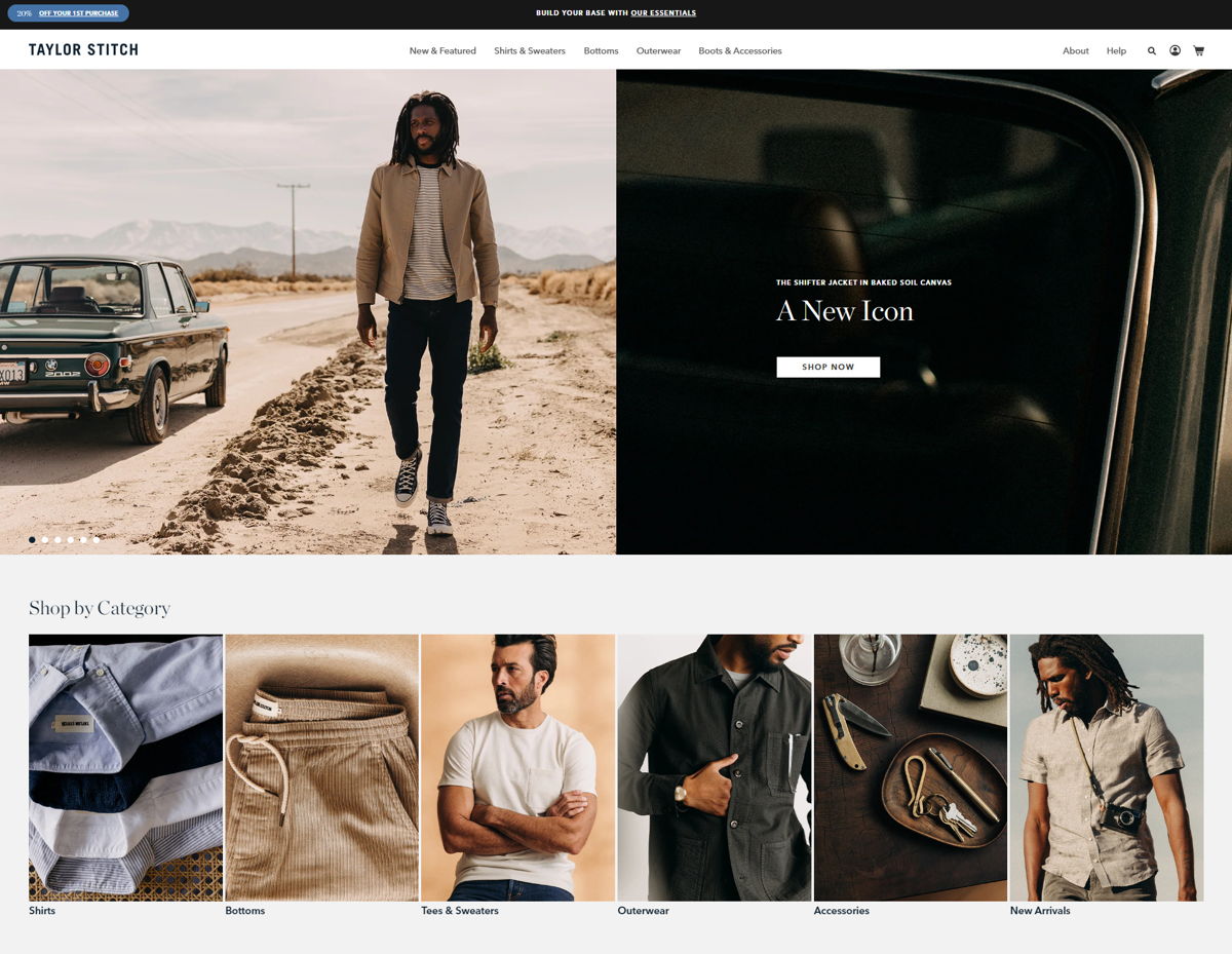 Screenshot of Taylor Stitch, from the shopify clothing stores collection.
