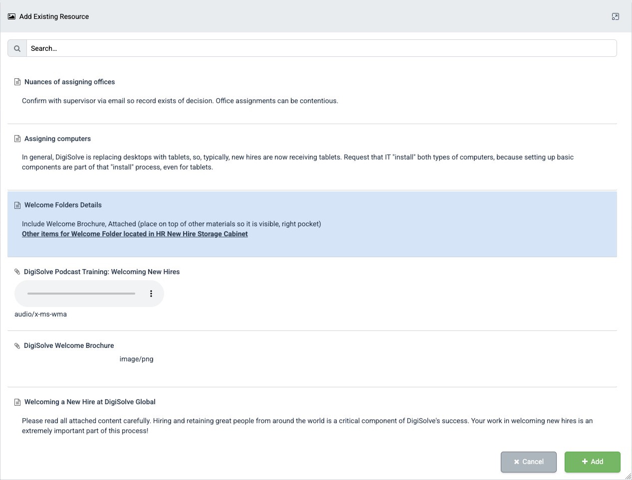 Add Existing Resource dialog with a Resource selected