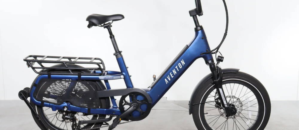 a blue Aventon Abound SR electric cargo bike