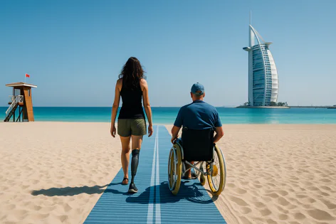 A woman with a prosthetic leg and a man in a wheelchair move on a blue beach access mat towards the sea with Burj Al Arab behind them.