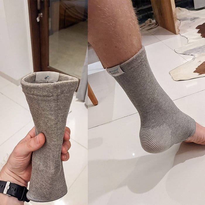 relieve foot pains, onecompress bamboo footsleeves, sad woman
