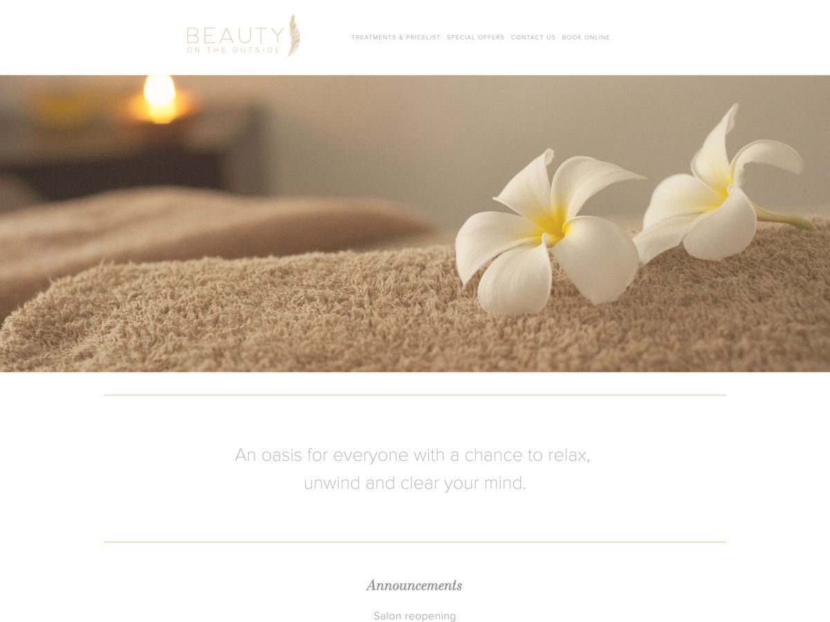 Screenshot of Beauty on the Outside, from the salon websites collection.