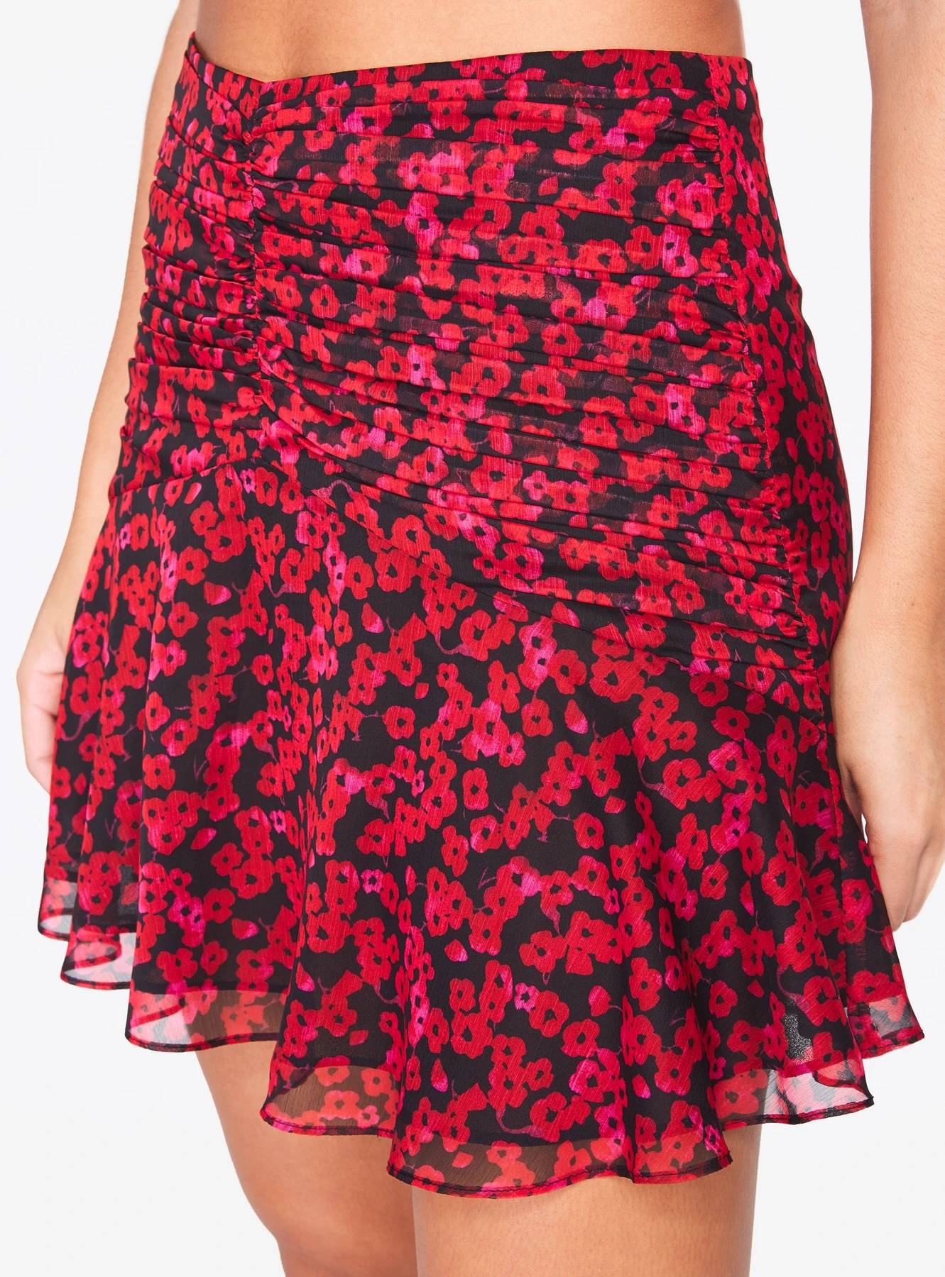 Red Floral Ruched Mini Skirt