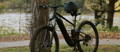 Trek electric mountain bike leaning on tree in park