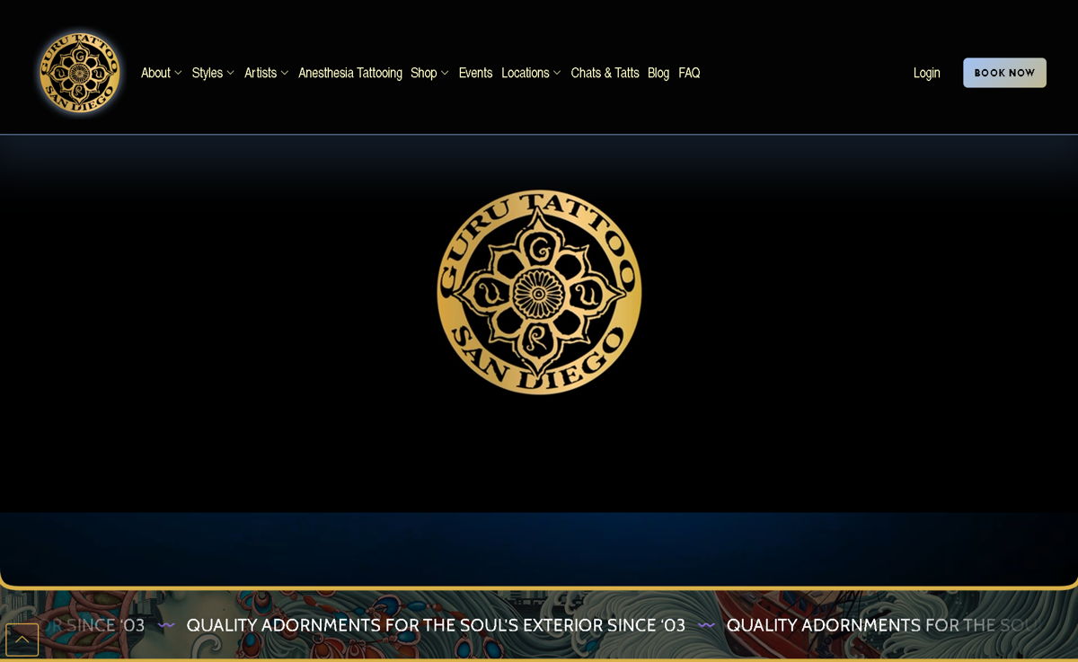 Screenshot of Guru Tattoo - San Diego, from the tattoo websites collection.