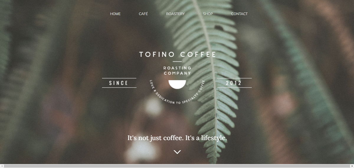 Screenshot of Tofino Coffee Roasting Company, from the cafe & coffee shop websites collection.