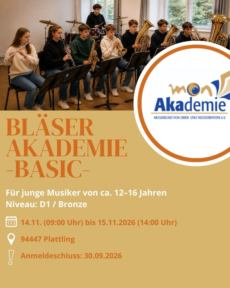 🎺 Bläserakademie 2026 – Basic oder Advanced: Dein nächster musikalischer Schritt!

Du möchtest dich auf deinem Instrument weiterentwickeln, neue Impulse bekommen und gemeinsam mit anderen engagierten Musikerinnen und Musikern an deinem Können arbeite