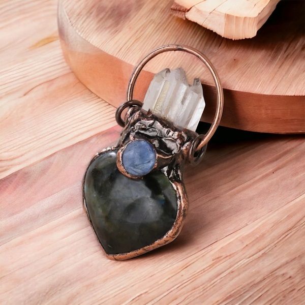 Amethyst, Labradorite, Clear Quartz Heart Pendant - Includes Leather Band