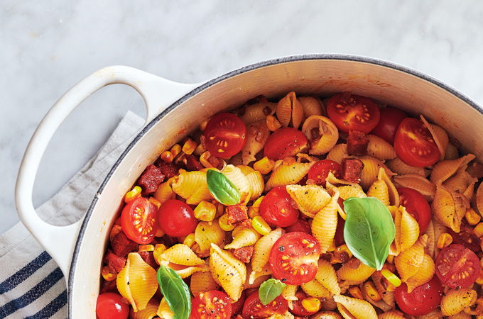 Pasta Shells with Chorizo, Cherry Tomatoes and Corn