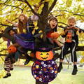Group of kids dressed in Halloween costumes sitting on a tree that has a Montessori Halloween Pumpkin hanging from it. 