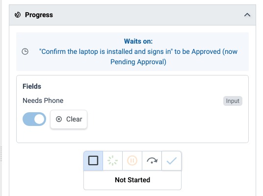 Progress panel of a Task that waits on another Task to be Approved