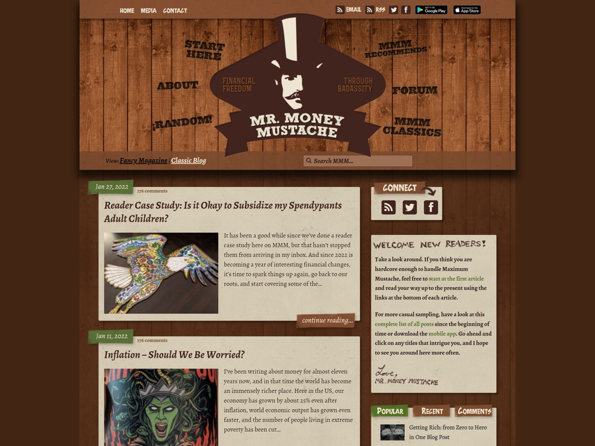 Screenshot of Mr. Money Mustache, from the blog design examples collection.