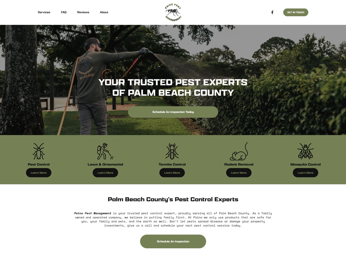 Screenshot of Paino Pest Management, from the pest control websites collection.