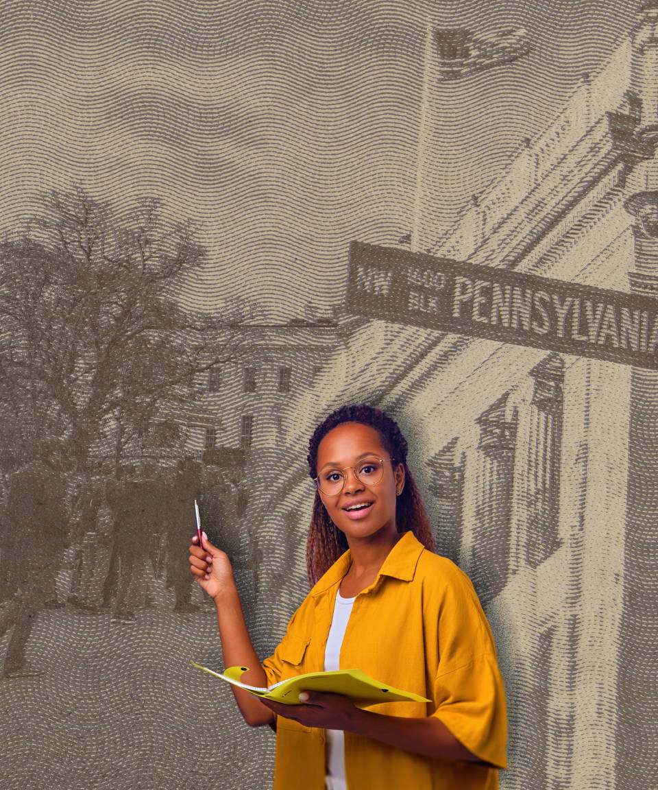Tour guide with a pen and paper pointing at a backdrop of Pennsylvania Avenue 
