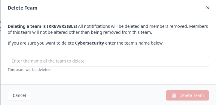 Deleting a team requires confirmation