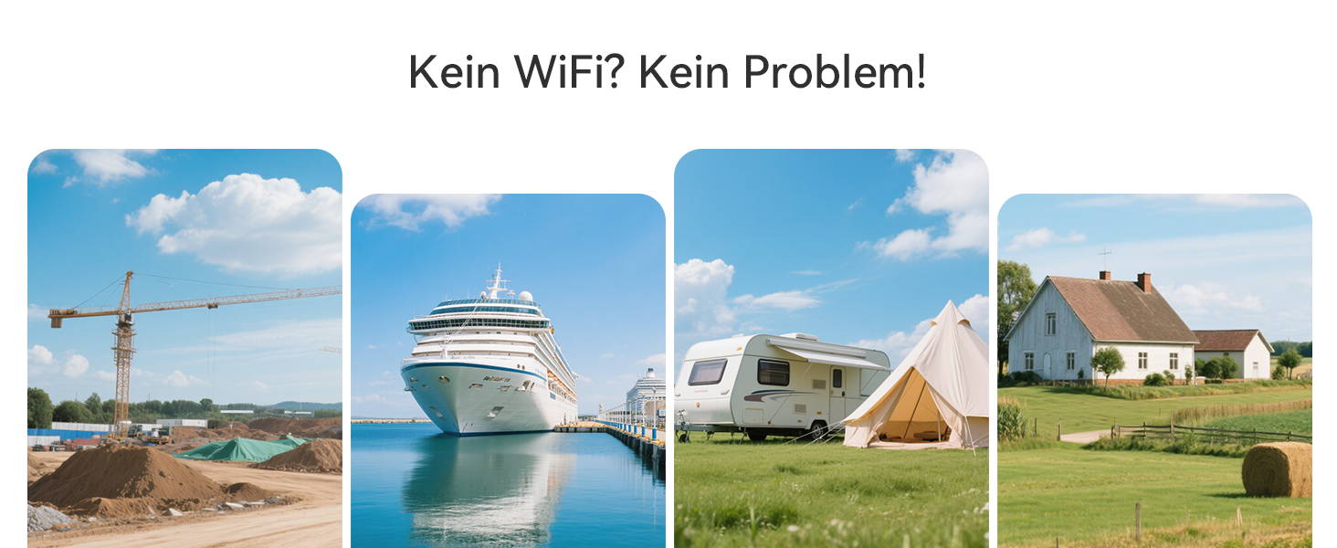 Kein WLAN, kein Problem! Unsere Kamera bietet flexible Überwachung für Baustellen, Boote, Campingplätze und Bauernhöfe. Überall sorgenfrei!