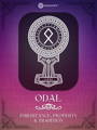 Odal Rune Meaning with design by Occultify. Rune of protection, safety and defense. Purple and pink background with lightly overlayed runes and ornate border.