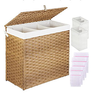 Greenstell Laundry Hamper with Lid, 125L Large Clothes Hamper with 3 or 2 Sections Removable Liner Bags & 5 Mesh Laundry Bags, Handwoven Synthetic Rattan Divided Laundry Basket, Natural