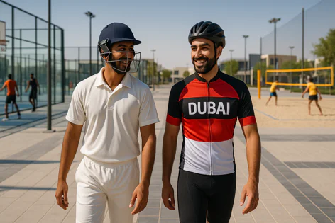 Two men, one in a cricket uniform and helmet, the other in a Dubai cycling jersey and helmet, walk and smile at each other outdoors. Behind them, people play basketball and beach volleyball.