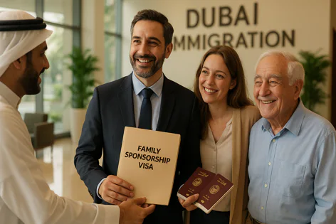 A smiling family receives a Family Sponsorship Visa document and passports from an immigration officer in Dubai.