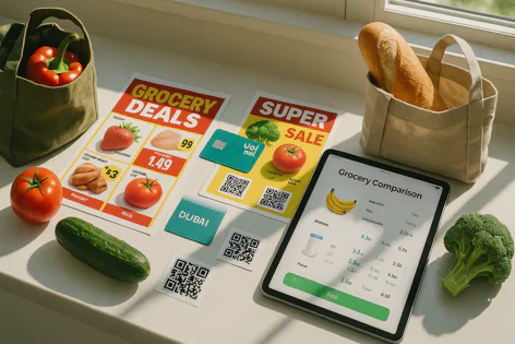 Fresh vegetables and bread on a counter next to supermarket flyers, a credit card, and a tablet displaying a grocery comparison app.