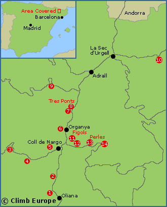 Map of the rock climbing areas in the Alt Urgell region of Catalunya