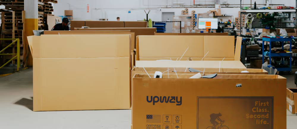 Upway bike boxes in the warehouse