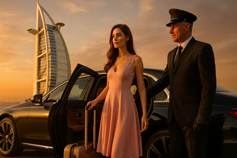 Woman in a pink dress holds luggage next to a black luxury car and chauffeur, with the Burj Al Arab visible at sunset.