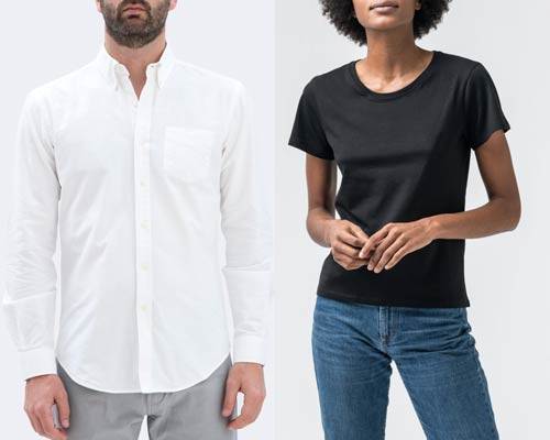 Man wearing white organic cotton oxford shirt with grey trousers and woman wearing black short sleeve t-shirt with blue indigo jeans from sustainable fashion brand Isto