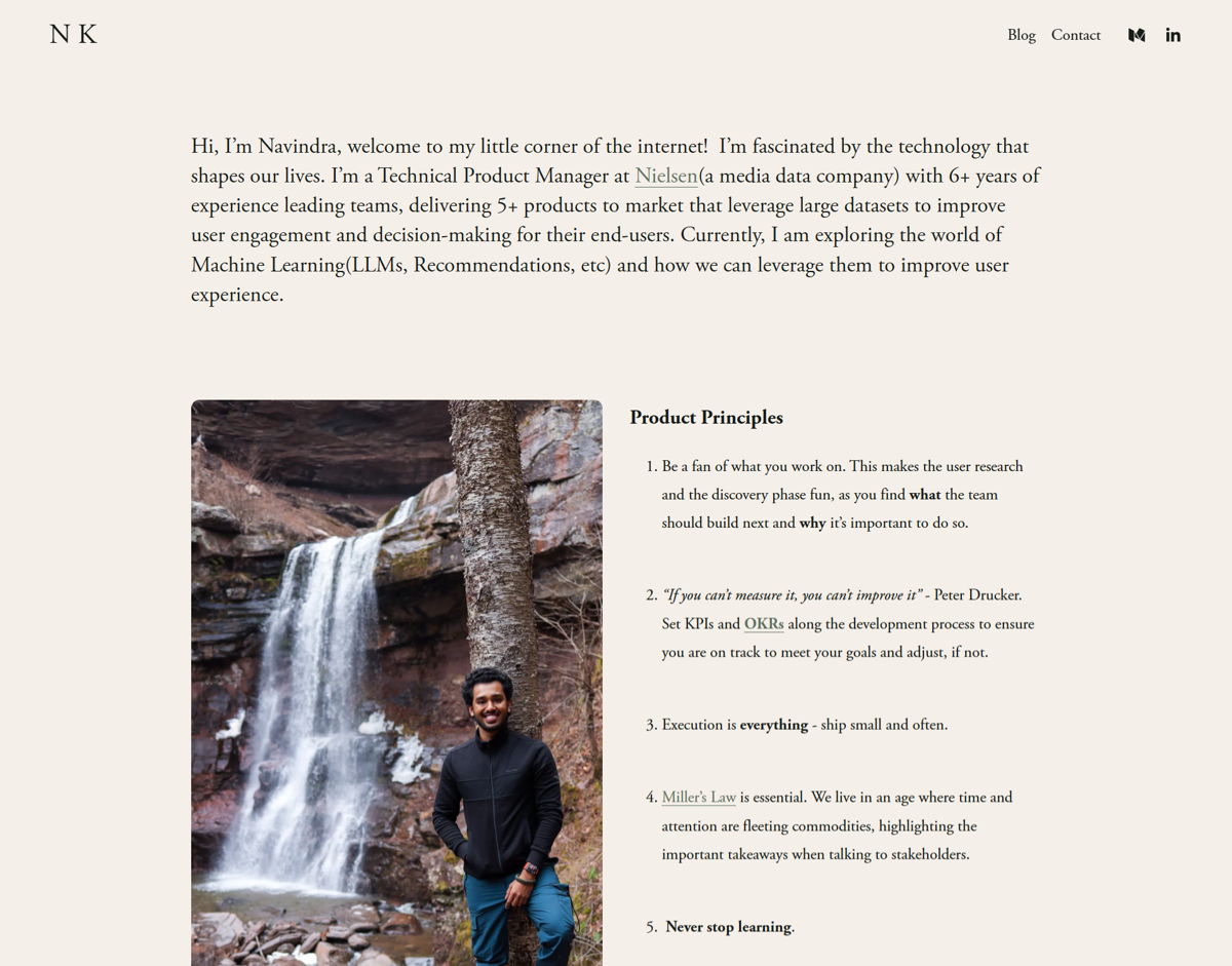 Screenshot of Navindra , from the product manager portfolios collection.