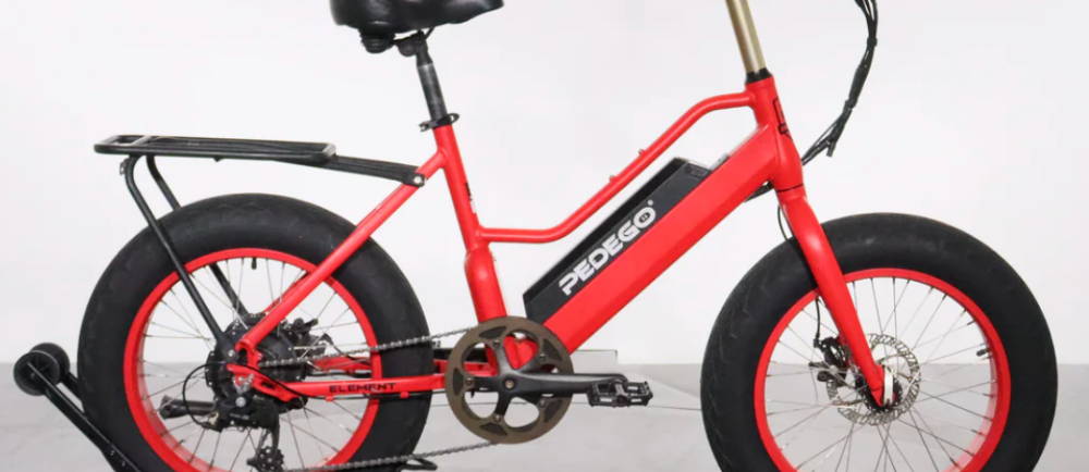a red Pedego Element fat tire electric bike